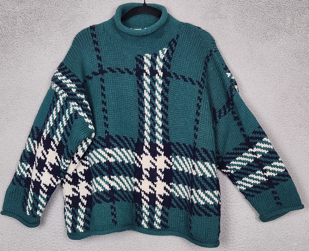 THE LIMITED HAND KNIT Sweater Womens One Size Green Plaid 100% SHETLAND WOOL
